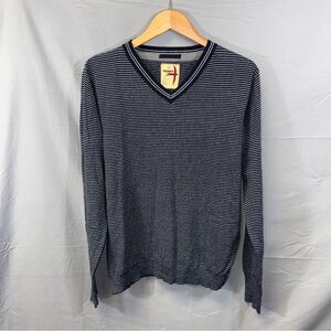 Relwen Sweater Mens XL Navy White Striped V Neck Lightweight Knit Pullover